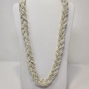 Braided Shimmer White Seed Bead Long Necklace Chunky Statement Multi Strand